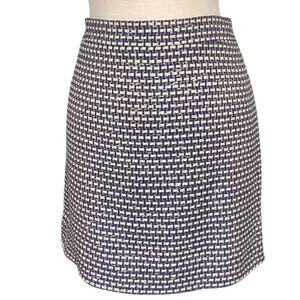 J.Crew Size 6 Tweed Mini Skirt Blue White Black Gold Stripe Silk Blend Back Zip